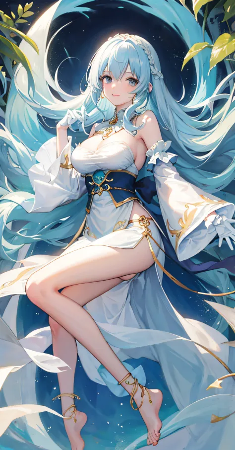 aquarelle， 1girll， The barefoot， long whitr hair，delicate leg，White gloves，ssmile，big breasts enchanting， 独奏， Anklets， hair adornments， jewely， Separate sleeves， lightblue hair.