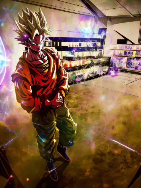 An award winning master piece photo of a super saiyan with psychedelic ki aura colors. standing planet namek at night with extre...