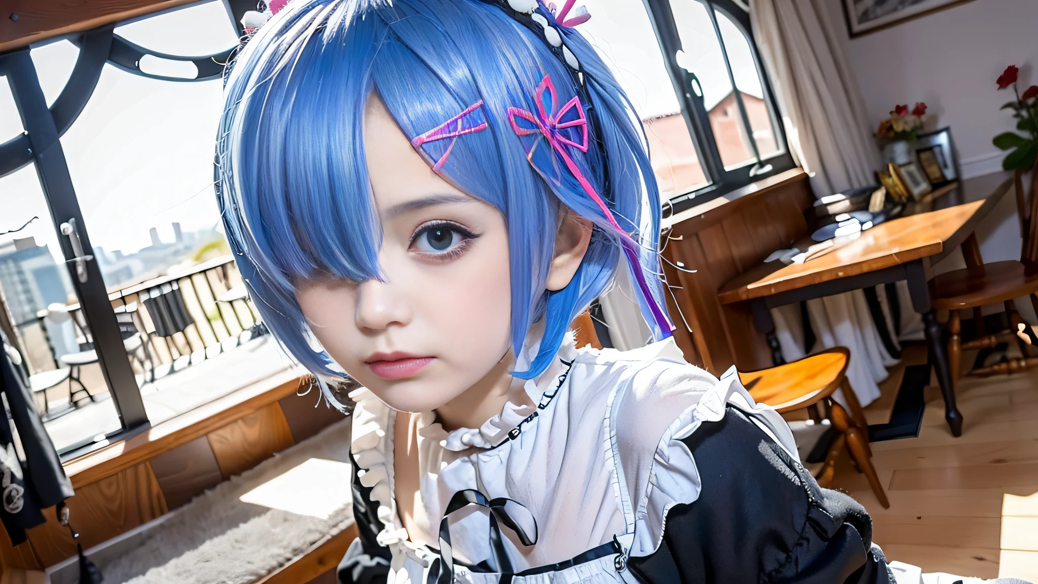 real girl with blue hair and a white blouse in a room, rem rezero, short blue haired woman, anime moe artstyle, loli, 8k!, rin, 8k!!, splash art hd loli, fulvisual of a cute girl, sayori, mercalidad girl in a maid costume, , tsuaii, hana yata,Face restoration,high definition,hyper realistic photography 4k full HD, with hyper realistic details,8k,Best quality,masterpiece,ultra detailed,official art,full body 8k extremely carved,fondo de una ciudad de fantacias de alta calida