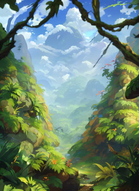 There is a painting of a jungle scene with a mountain as the background, background artwork, background jungle, Valle exuberante...