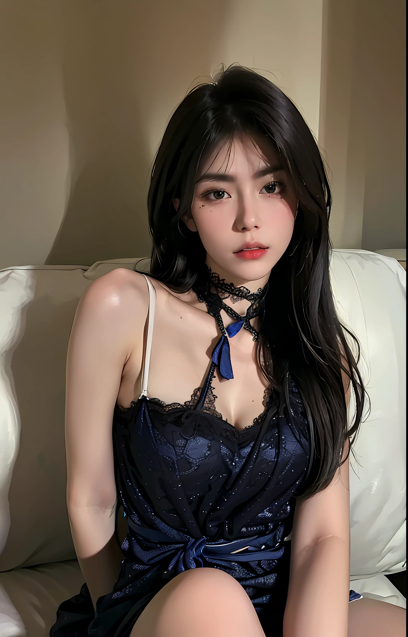 Best quality, masterpiece, ultra high res, (photorealistic:1.4), raw photo, 1girl, ((black lace nightgown brief only and no bar)), ((small breast)), cold light