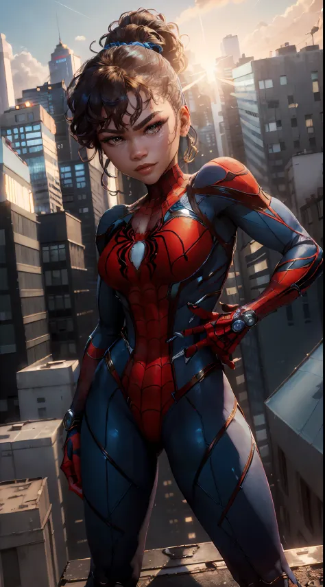 ((Zendaya)), (Masterpiece, 4k resolution, ultra-realistic, very detailed), (blue superhero theme, charismatic, on top of town, w...