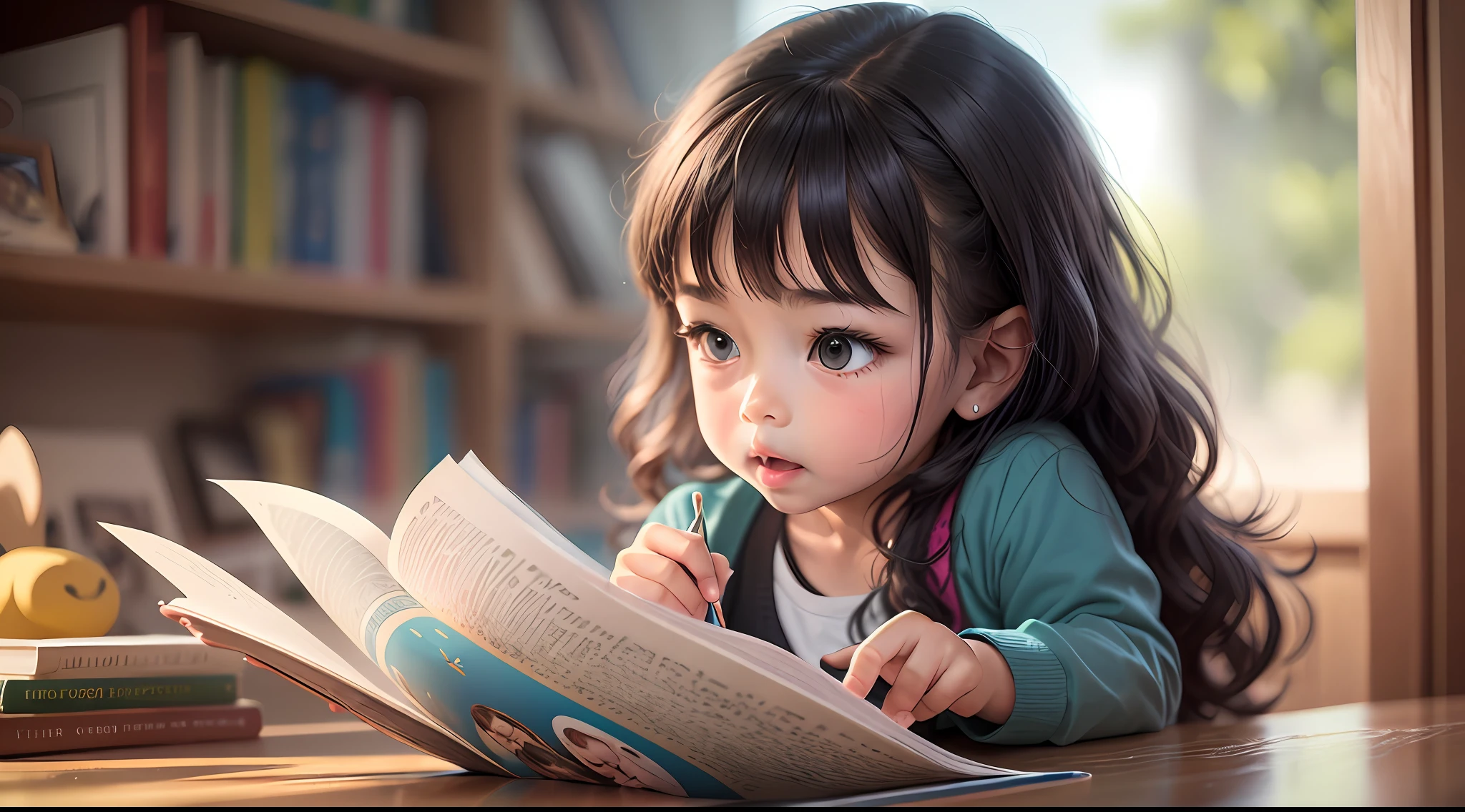 4-year-old reading a book, details, realistic photo, Best Quality, faces, Masterpiece, high resolution, high detail, happy, 8k, details perfectos, Perfect Anatomia