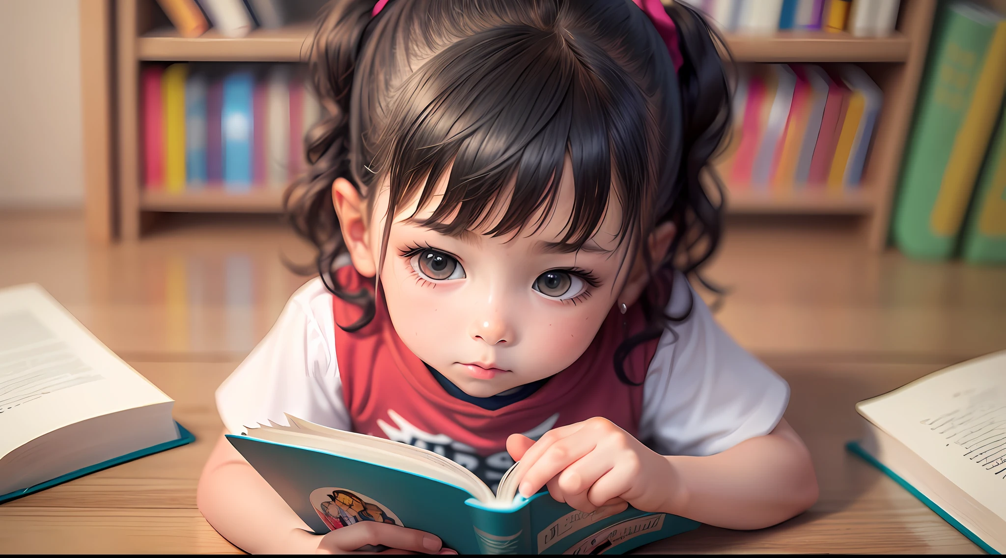 4-year-old reading a book, detalles, foto realista, mejor calidad, rostros, obra maestra, high resolusion, alto detalle, feliz, 8k, detalles perfectos, Perfect Anatomia