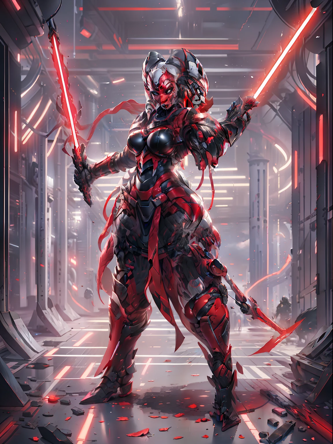 armored, red skin, Twi'lek, athletic, slender, busty, muscular, wearing heavy black stealth armor, evil space knight, space samurai, dual red lightsabers, Star Wars, armor