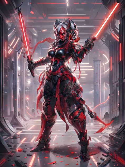 armored, red skin, Twi'lek, athletic, slender, busty, muscular, wearing heavy black stealth armor, evil space knight, space samu...