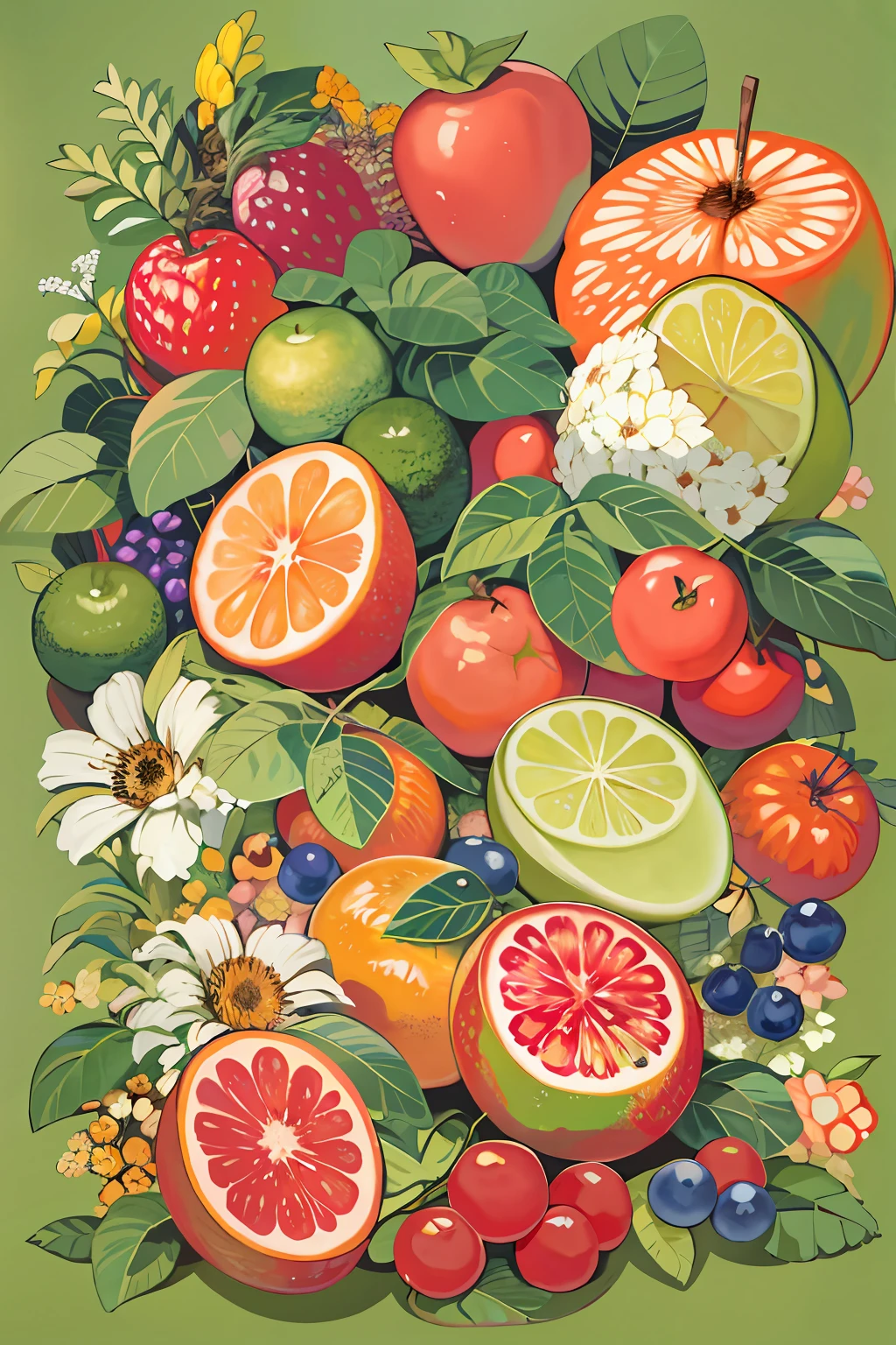 There is a painting of a bunch of fruits on the table, fruit and flowers, full-colour illustration, author：John Wernachot, made of fruit and flowers, made of flowers and fruit, Fruits, full of colour w 1024, full color digital illustration, author：Richard Mayhew, offcial art, in gouache detailed paintings, courful illustration