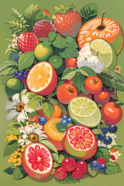 There is a painting of a bunch of fruits on the table, fruit and flowers, full-colour illustration, author：John Wernachot, made ...