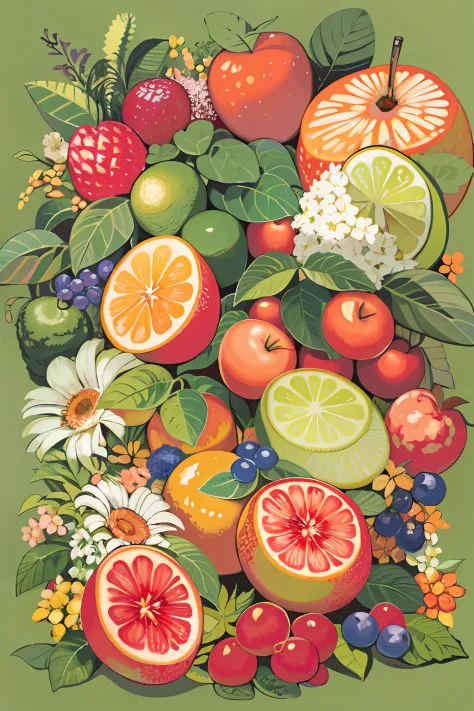 There is a painting of a bunch of fruits on the table, fruit and flowers, full-colour illustration, author：John Wernachot, made ...