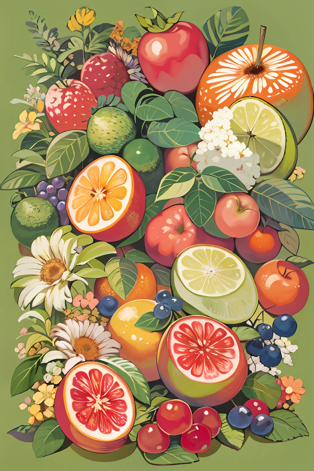 桌子上有一幅画，画的是一堆水果, 水果和鲜花, 全彩插图, 作者：约翰·沃纳肖, made of 水果和鲜花, 由鲜花和水果制成, 水果, 色彩丰富 w 1024, 全彩数码插图, 作者：理查德·梅休, 官方艺术, 水粉画细节, 五彩斑斓的插图