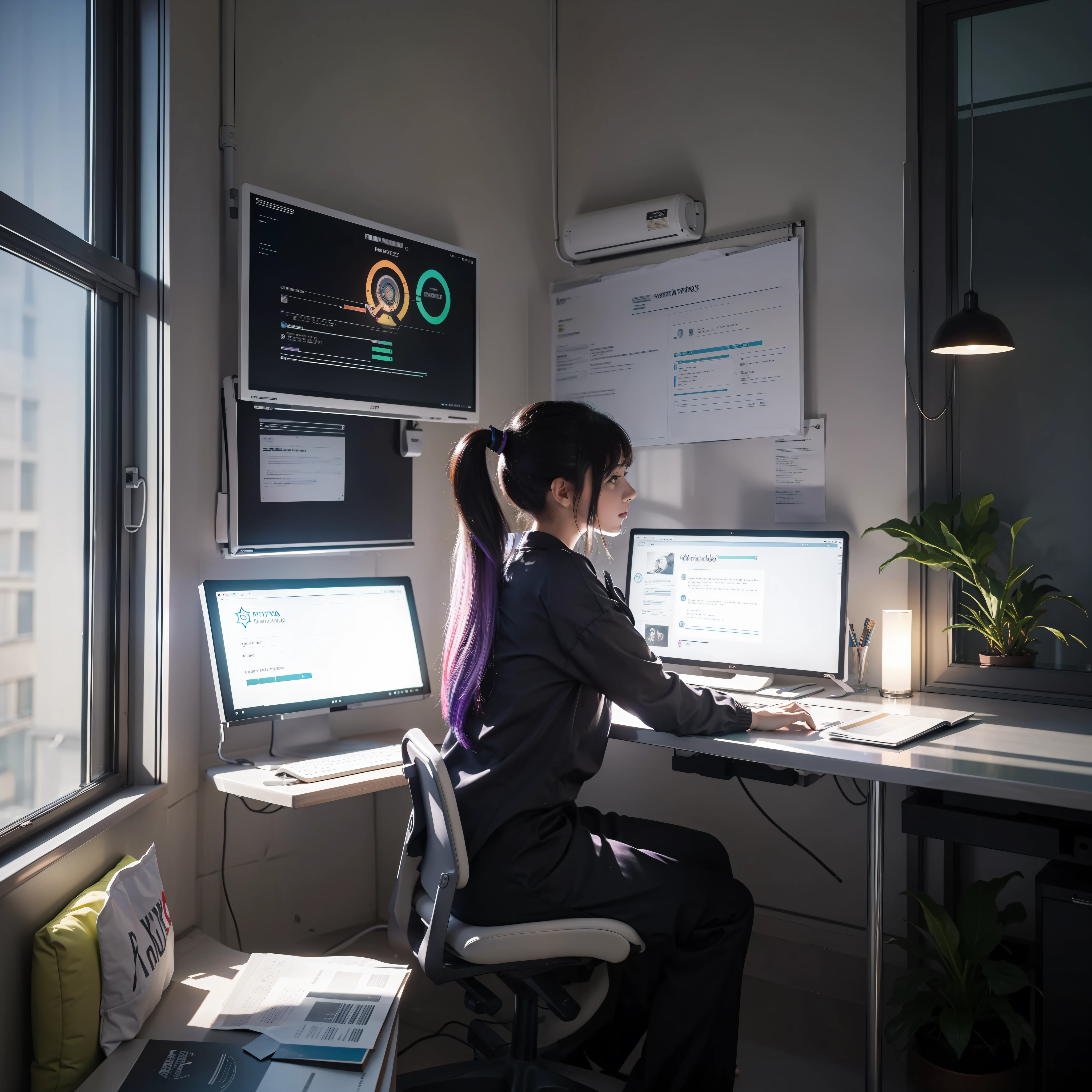 class type room, monitors around with transparent white borders showing graphics, large monitors, a tall girl sitting looking at the screen is checking, large office with mid-day light entry, lots of light everywhere with very nice lamps illuminating the environment, some with purple neon, medium transparent windows, large classroom type office with super large monitors, transparent monitors with white borders, statistics on the monitors, company statistics on monitors, girl with ponytail, ponytail, neon, large monitors iluminados, window facing the street, green plants in the office, lots of lighting, long hair, super long hair, multicolored black and purple