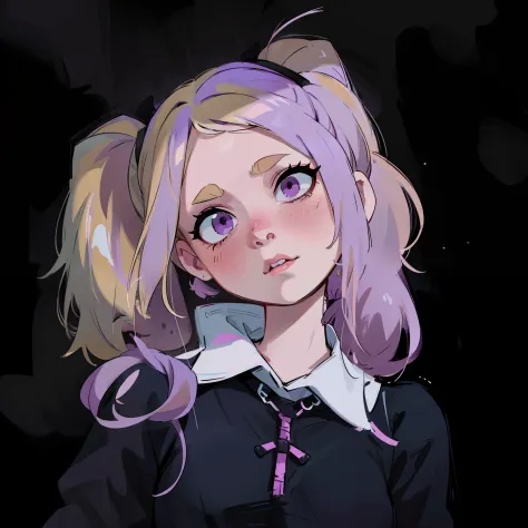 a close up of a person with a pink hair and a black shirt, pastel goth aesthetic, pastel goth, goth girl aesthetic, blond hair w...