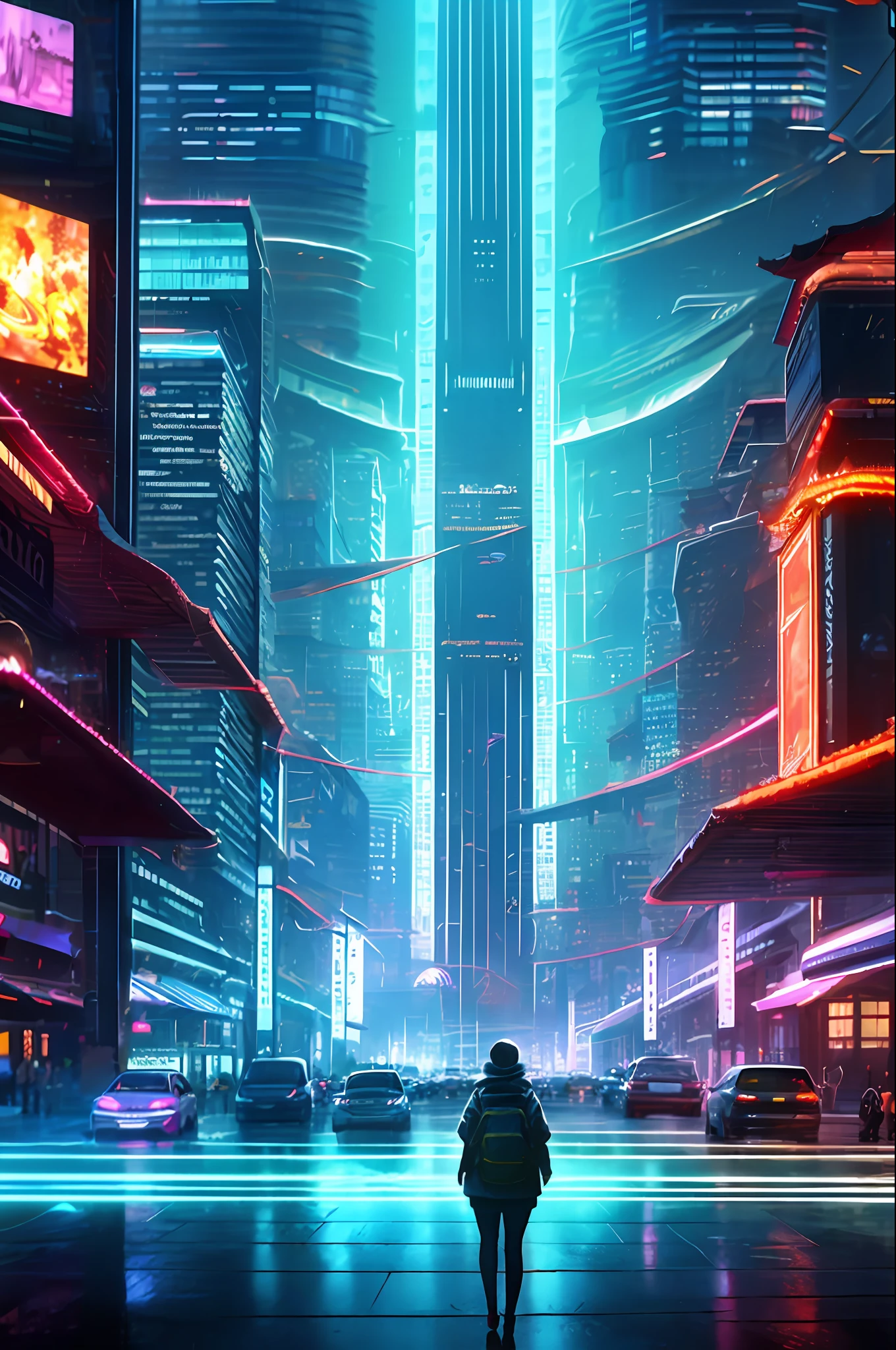 Style: Concept art. The scene: Futuristic cityscapes with towering skyscrapers and sleek aerodynamic vehicles speeding through the air. High-resolution OLED GUI interfaces in the building&#39;s windows are filled with transparent data visualization infographics showing everything from weather patterns to traffic flow. Colors are saturated and vibrant, with warm pinks and purples dominating the skyline. The overall effect is both beautiful and awe-inspiring.