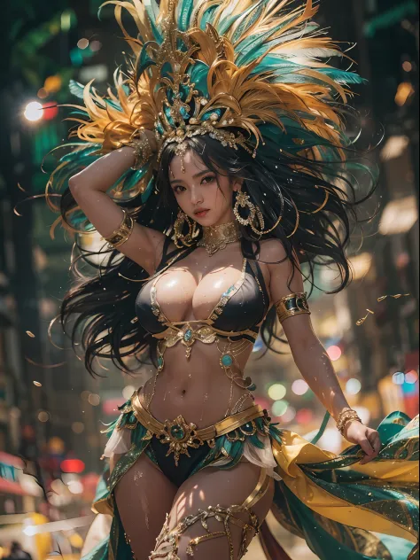 high-res, masterpiece, best quality, ((Hasselblad photography)), sharp focus, (cinematic lighting), soft lighting, dynamic angle, a woman, mature female, (wearing samba dance dress:1.2), carnival, samba dress, finely detailed skin, extra long wavy black ha...