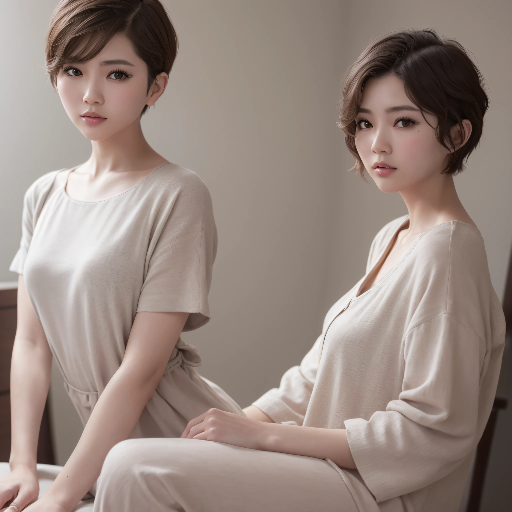 Close-up of a woman posing for a photo in her pajamas, with short hair, wavy short cut hair, Short wavy hair, wavy and short top hair, Medium and short hair, chin-length hair, Medium short hair, Japanese model, beautiful Korean women, Wavy shoulder-length hair, bob cut  hair, Short messy hair, A young Asian woman