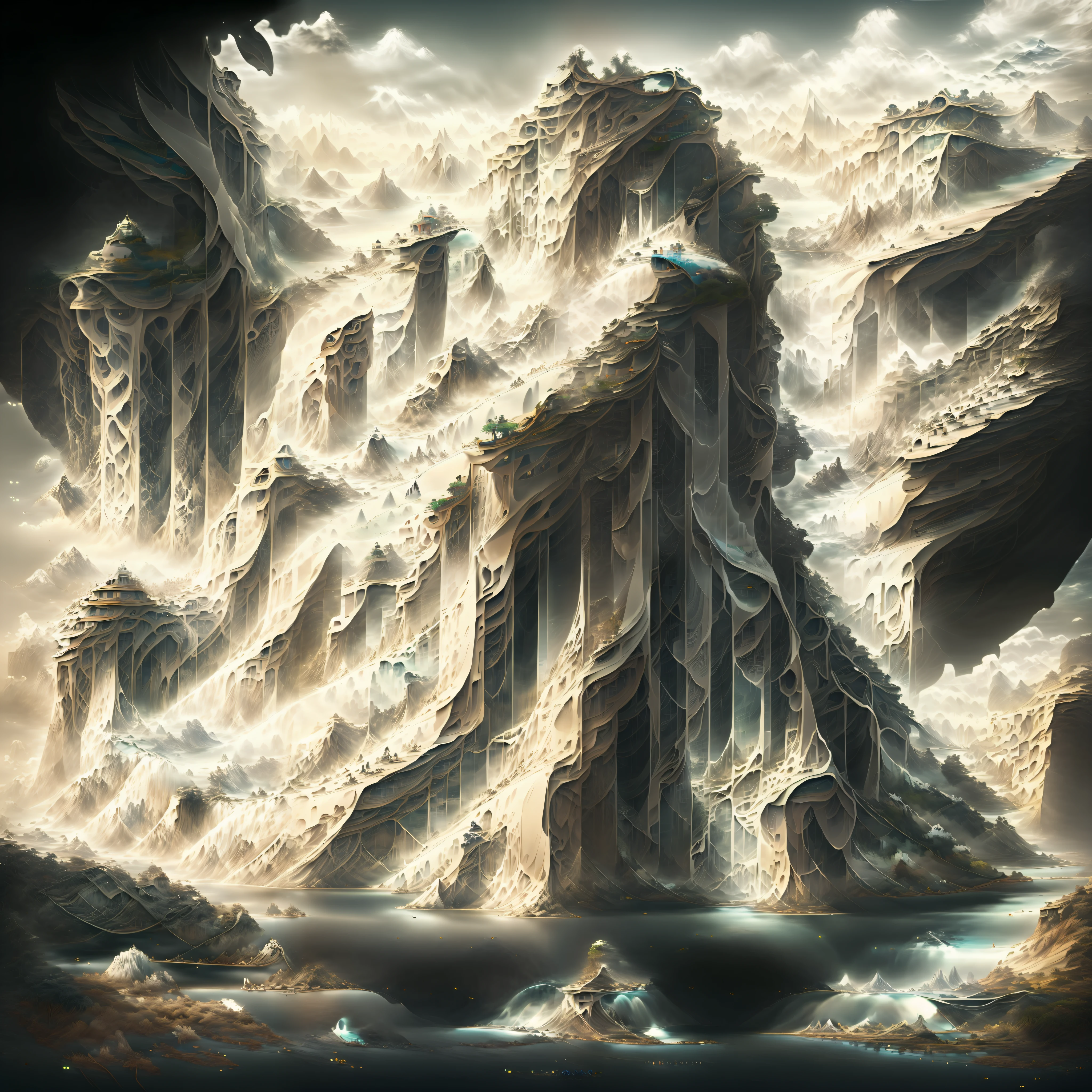 Es gibt ein digitales Gemälde eines Berges mit einem Wasserfall, symmetrische epische Fantasy-Kunst, organisches mattes Painting, epischste Landschaft, Matte digitale Malerei, Abbildung Matte Painting, surreale Konzeptkunst, Matte Malerei ”, Matte-Painting“, dramatische Konzeptkunst, epischer Fantasy-Digitalkunststil, Schwebende Berge, detaillierte Fantasie digitale Kunst, traumhafte digitale Malerei, fraktale Landschaft, alien waterfall