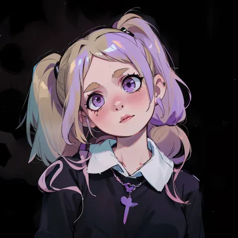 a close up of a person with a pink hair and a black shirt, pastel goth aesthetic, pastel goth, goth girl aesthetic, blond hair w...