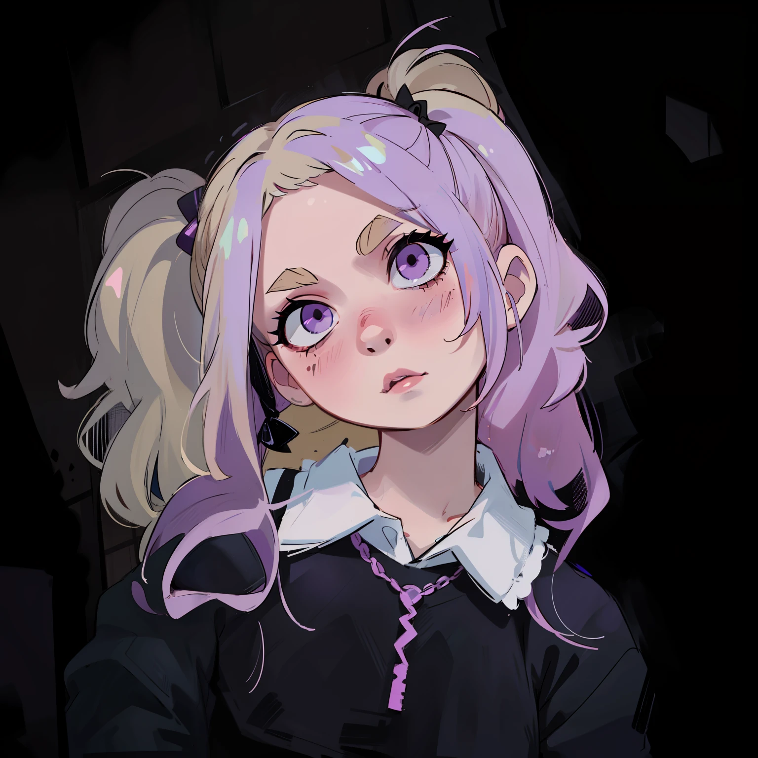 a close up of a person with a pink hair and a black shirt, pastel goth aesthetic, pastel goth, goth girl aesthetic, blond hair with pigtails, pigtails hairstyle, two pigtails hairstyle, she looks like a mix of grimes, extremely pale blond hair, pale goth beauty, messy curly pastel hair, blonde hair and large eyes, pale skin and purple eyes, puckered lips, thick eyebrows, thick eyeliner, closed mouth, lips puckered, kissing