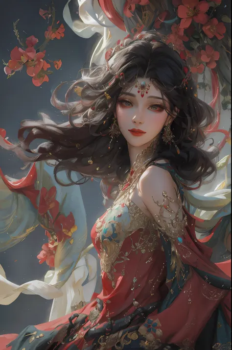 Wearing a red dress，Arad woman with red sickle and gold jewelry, intricate wlop, Inspired by WLOP, style of wlop, in style of wlop, Wlop style, Guviz-style artwork, Beautiful digital artwork, Fantasy art style, inspired by Yanjun Cheng, Phlegm phlegm art, ...