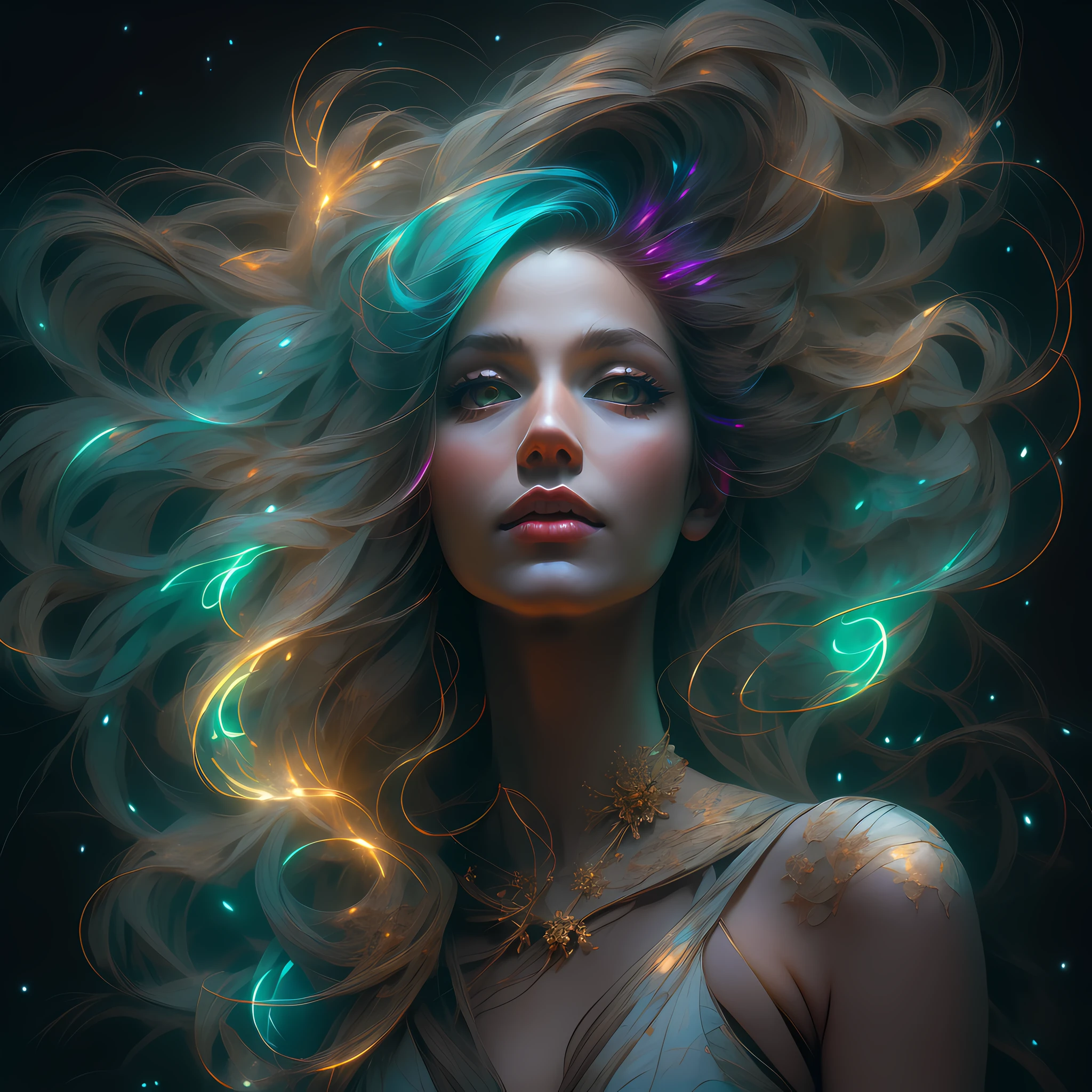 Красивая великолепная женщина с неоновыми светящимися волосами в галактиках стоит стоя