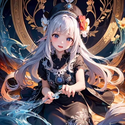 (extremely detailed CG unity 8k wallpaper, masterpiece, best quality, ultra-detailed), Mandala flowers full of mystery, Soft tentacles surround, FlowingWaterStreams, Scream happily, Cute little sister in dress, shyexpression, Wearing a cap
