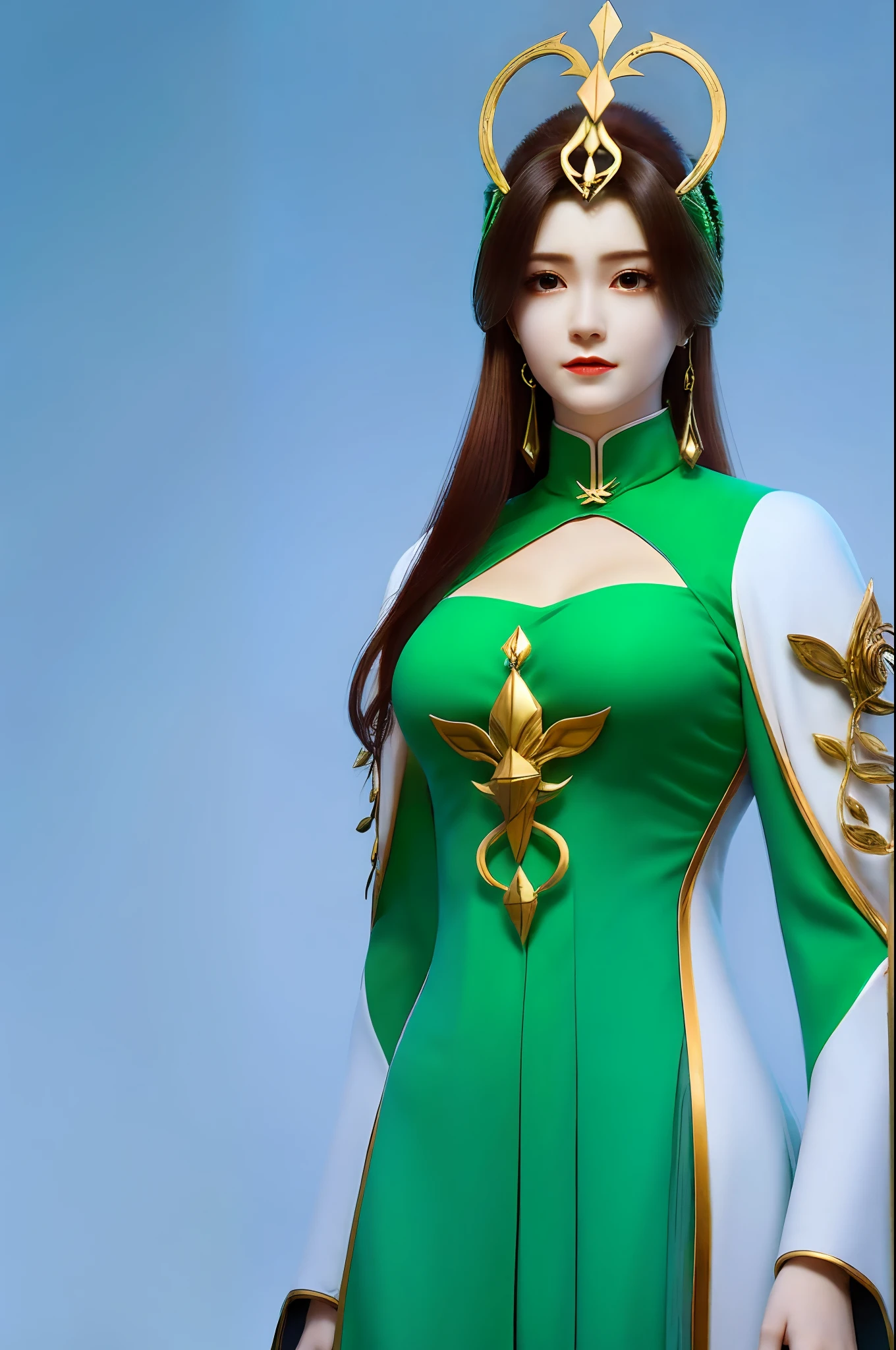 （Liu Shen），1girll，（tmasterpiece），（best qualtiy），（Hyper-detailing），（A high resolution），hoang lap，Ultra-realistic 4k CG，delicate patterns，Complicated details，best illuminate，Best shadow，Natural lighting，depth of fields，bblurry，1girll，独奏，mediating_Breasts，choker necklace，耳Nipple Ring，jewely，（（brunette color hair：1.2））， 独奏， 耳Nipple Ring， long whitr hair， choker necklace，ssmile， hair adornments， shiny skins，（cowboy lens）， （White chinese dress，green line，Floating hair）， Full body photo，The background is a vast river of stars，cosmic starry sky