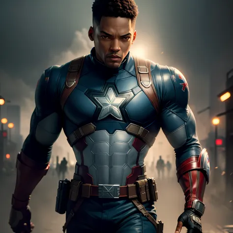 . Tarantino style Will Smith as Captain America 8k, high definition, detailed face, detailed face, detailed eyes, detailed suit, in style of marvel and dc, hyper-realistic, + cinematic shot + dynamic composition, incredibly detailed, sharpen, details + sup...