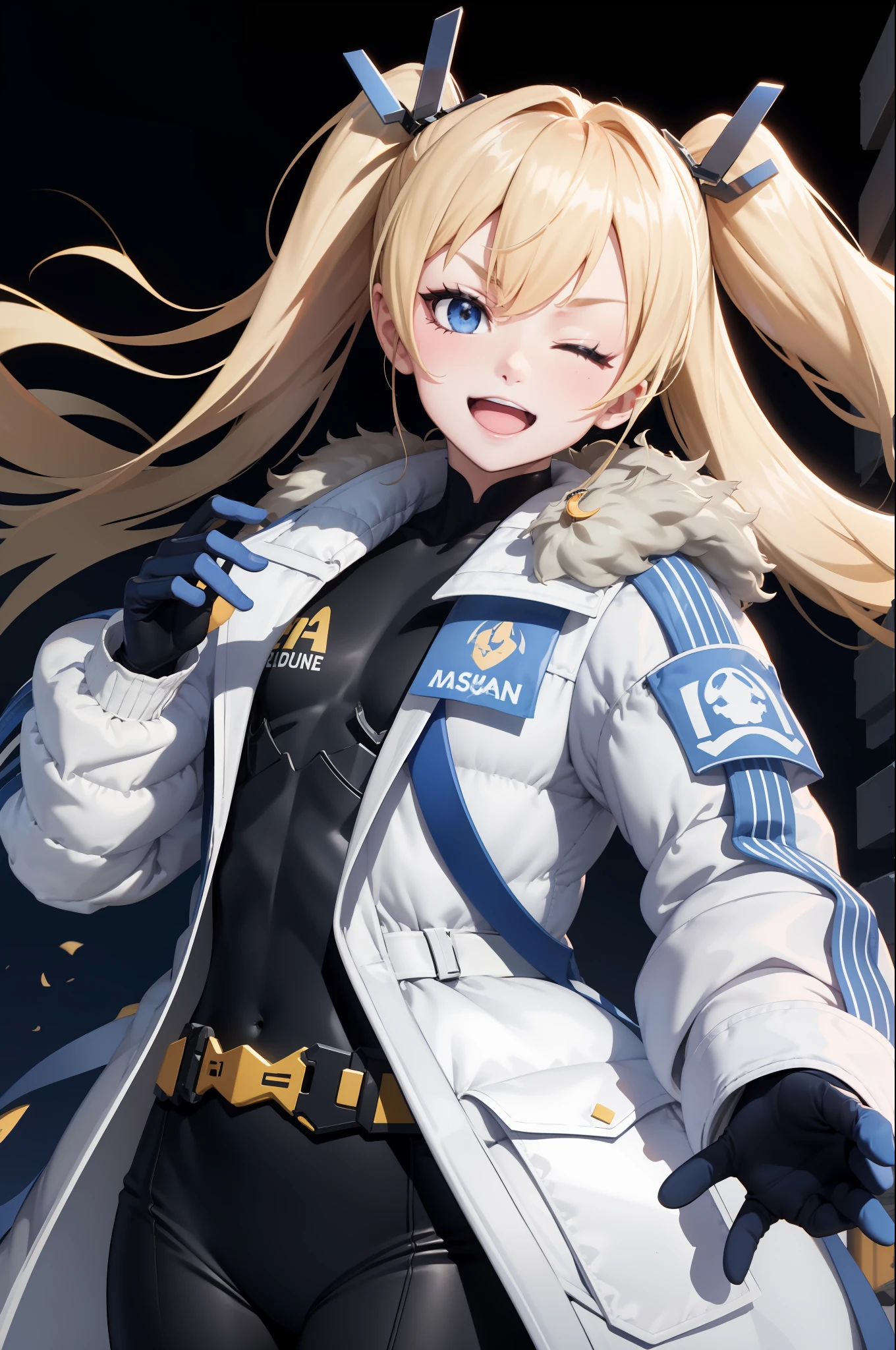 masutepiece, Best Quality, Laplace, Hair Ornament, White coat, Belt bag, Black bodysuit, Fur trim, gloves, Upper body, Smile, smug, Open mouth, one eye closed, Looking at Viewer, constructionyardai, skyporn