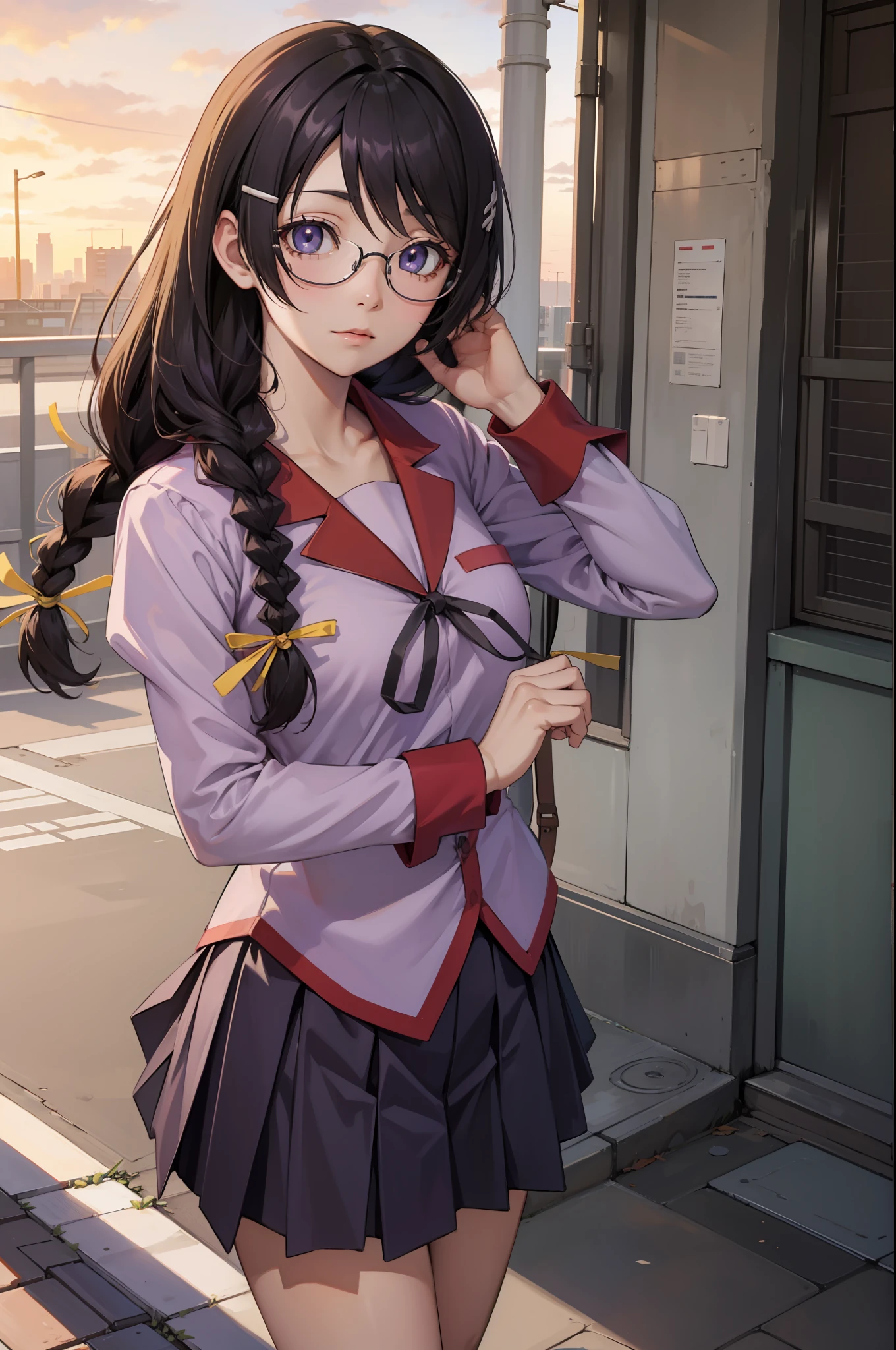 hanekawatsubasa, hanekawa tsubasa, Long hair, Black hair, Hair Ornament, (Purple eyes:1.1), braid, hair clips, Twin braids, naoetsu high school uniform, Glasses,
BREAK skirt, School uniform, naoetsu high school uniform,
BREAK outdoors, city,
BREAK looking at viewer, BREAK (masutepiece:1.2), Best Quality, High resolution, Unity 8k壁纸, (Illustration:0.8), (Beautiful detailed eyes:1.6), extra detailed face, Perfect Lighting, extremely details CG, (Perfect hands, Perfect Anatomy),