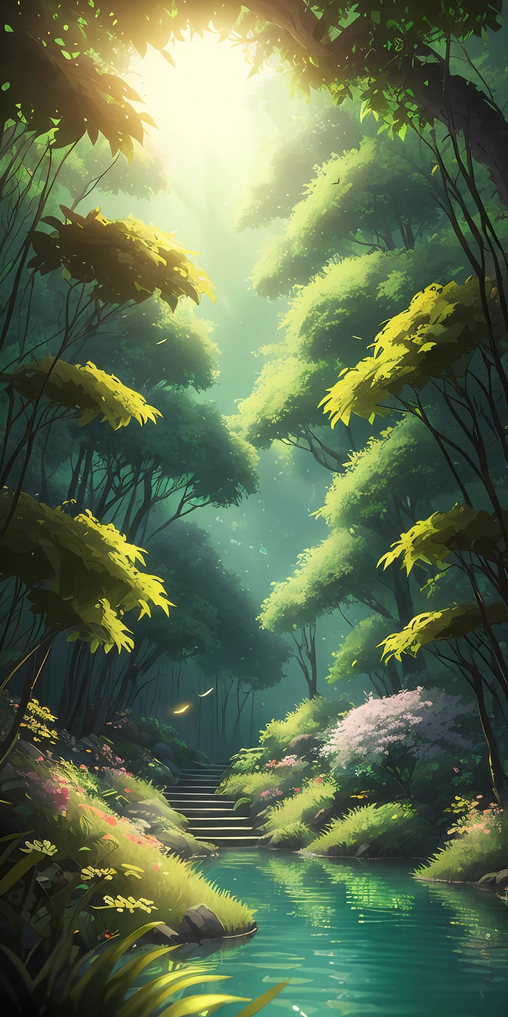 tmasterpiece，best qualtiy，（The is very detailed的 CG unified 8k 壁纸），（best qualtiy），（Most Best Illustration），（Best shadow），Glowing elves with glowing fawns，Drinking water in the pool，Natural elements of forest theme。Mysterious Forest，Beautiful forest，naturey，surrounded by flower，Delicate leaves and branches are surrounded by fireflies（nature elements），（Jungle theme），（Foliage），（tree branch），（glowworm），（Particle effect）and other 3D，rendering by octane，Ray traching，ultra-detailliert，fawn --v6