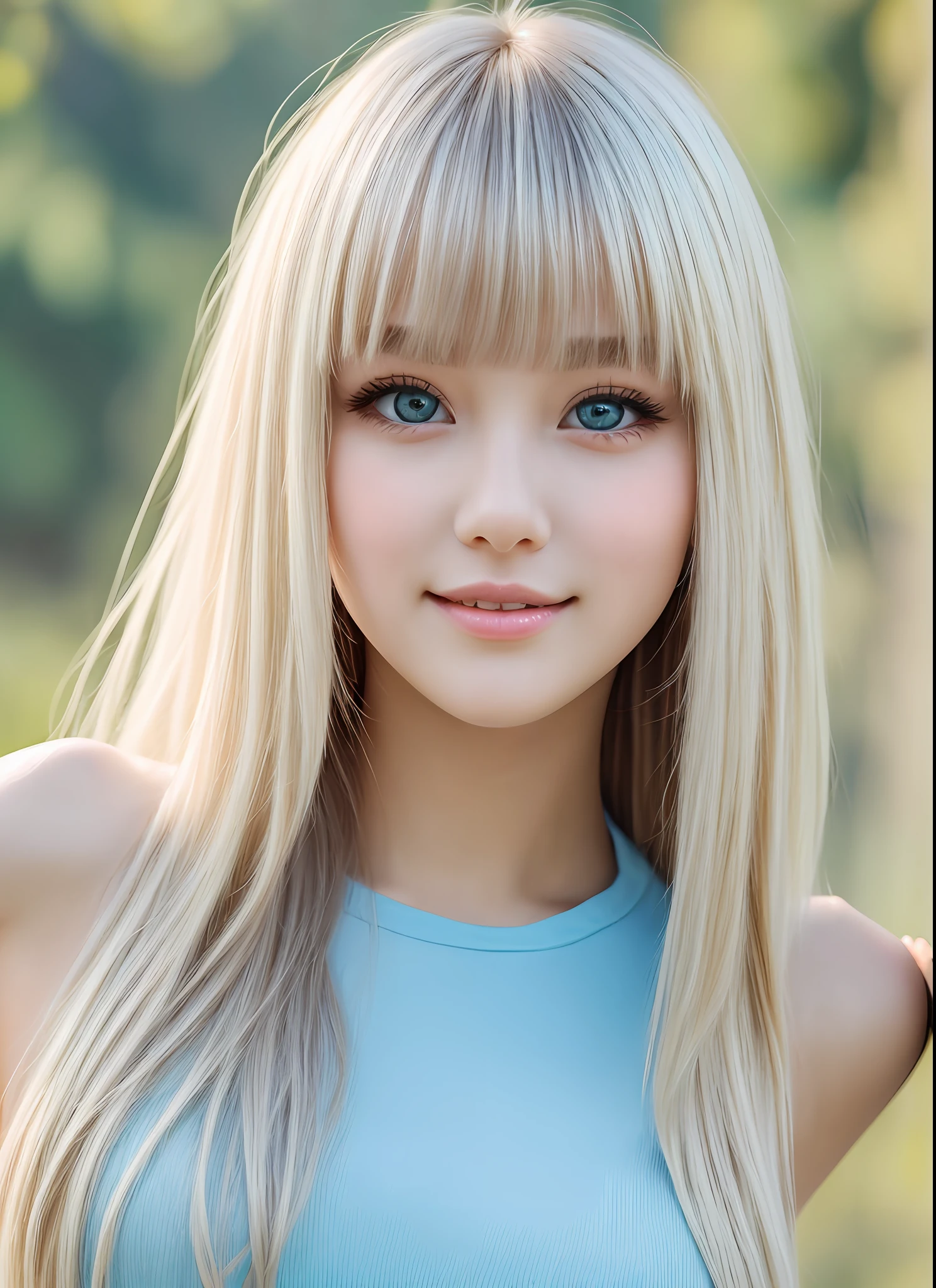 shiny white skin,、Extremely beautiful girl、Nice and cute good looks、Gorgeous Platinum Blonde、Super long straight hair、Big eyes of light blue with a radiant transparency、17 year old cute beautiful girl with sexily swaying bangs、