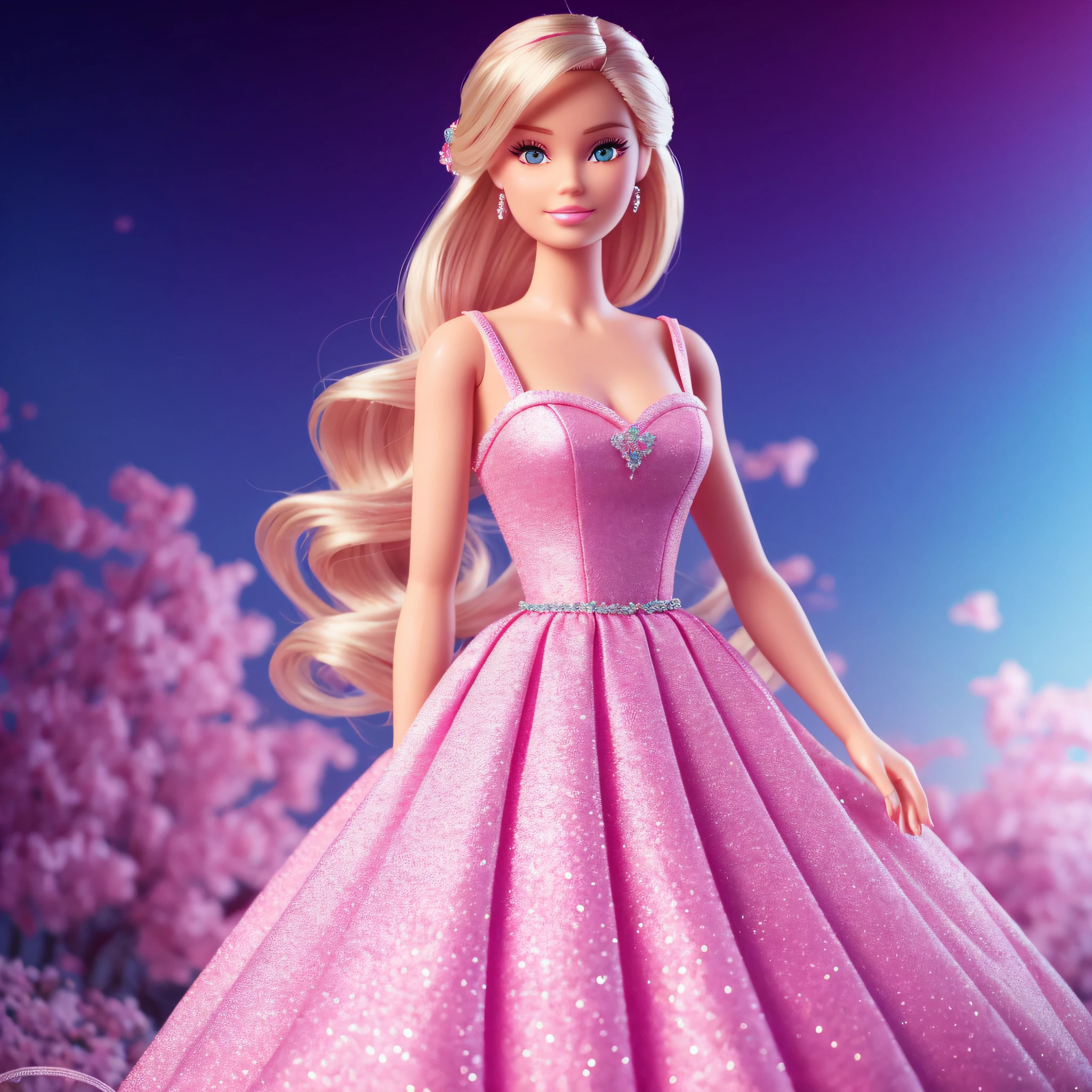 Barbie doll in pink dress standing in a field of flowers - SeaArt AI