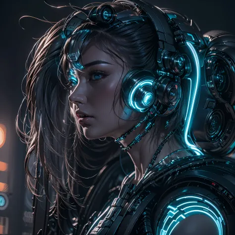 1girll，(cyber punk perssonage:1.3)，Bring headphones，Illuminated helmet and headphones，glowing jewelry，Glowing earrings，Glowing n...