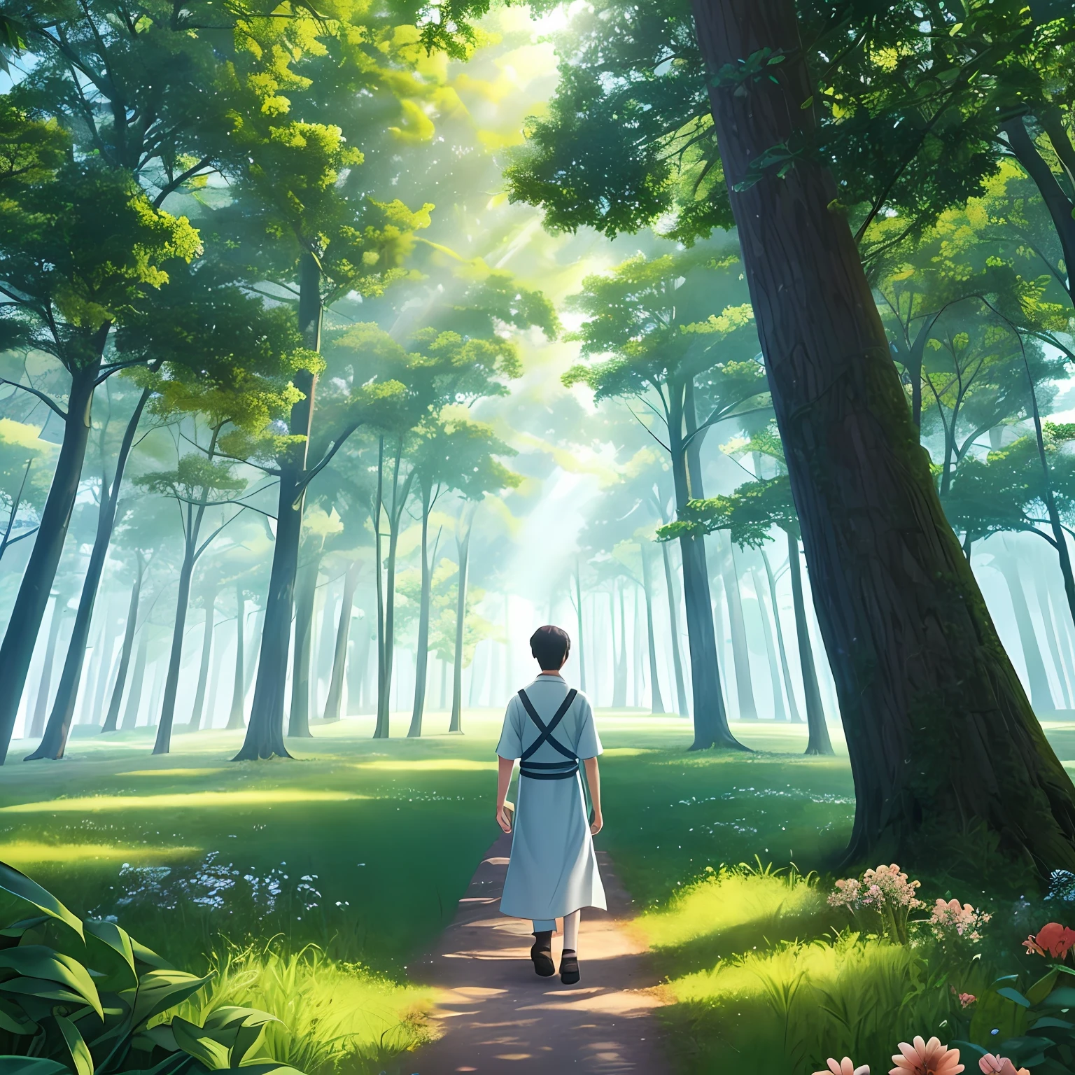 Make a WeChat avatar，The film is realistic and dreamy，A young boy with，Walk alone in the deep forest，Lonely back，Huge trees and flowers around，A ray of light shines ahead，Tyndall effect --auto