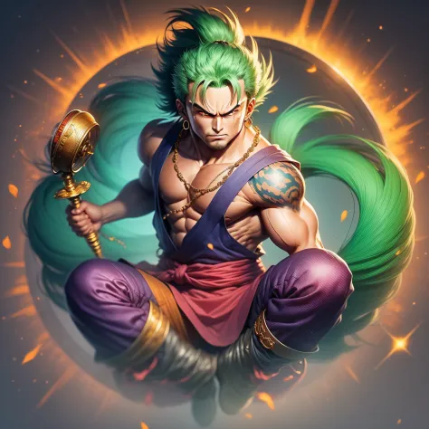 goku is tall and strong，thick eyebrows，the appearance is very monkey-like。he wears a round gold hoop，bind your ears tightly on y...