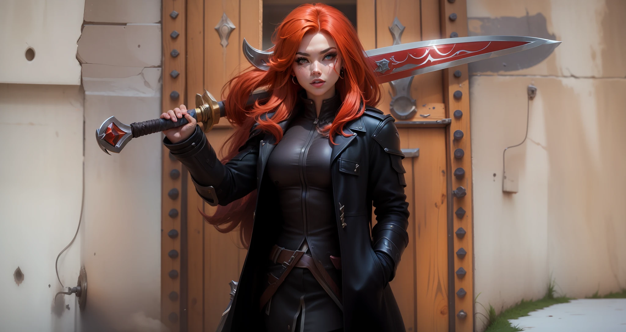 Girl with red hair and a black coat holding a meat sword in front of a castle door, with long cherry red hair, Woman musculosa sensual, with cherry red hair, with big sword, she has cherry hair, cherry red hair and red eyes, League of Legends Splash Art, detailed face, detailed hand, living sword, living flesh sword, living sword com olhos, best qualityer, Kizi, Woman, female, sword with eyes, sword made with muscles equal to that of animals, anime face, Anime Face, light skin