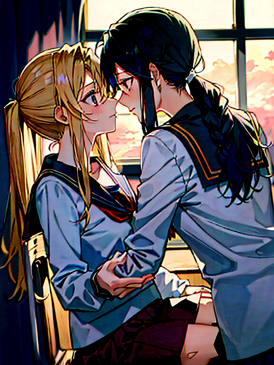 (best quality masterpiece:1.2) 8k (detailed shoujo manga style:1.4) 2girls, beautiful, absurdres, school uniform, yuri, serafuku, eye contact, school window sunset lighting