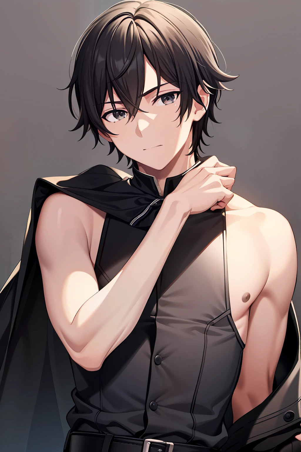 Anime guy with black hair and a black vest and black pants - SeaArt AI