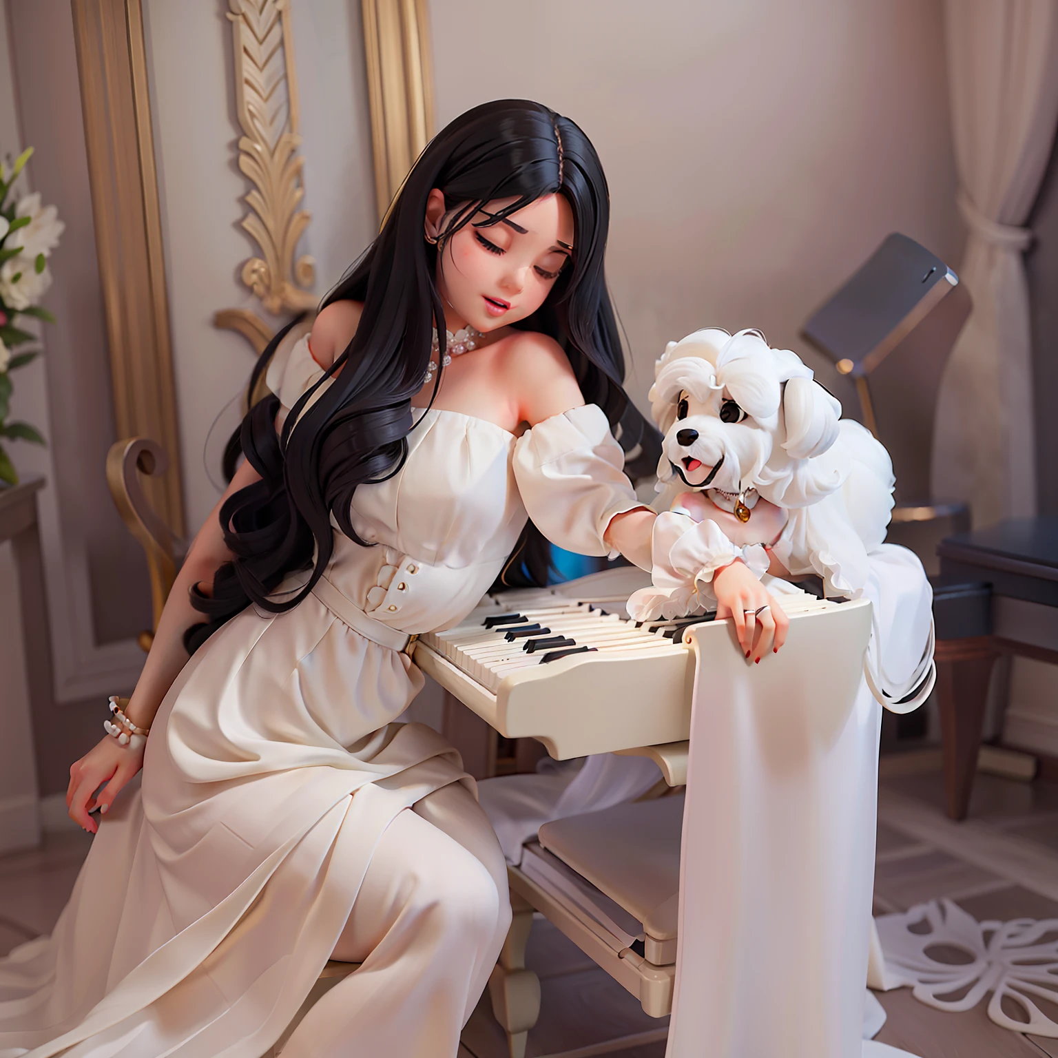 穿著白色連身裙，坐在椅子上的長黑髮女孩，背對著對方彈鋼琴，一隻白色捲毛的小狗，右肩，夢幻色彩，动作优雅，比雄犬，泰迪熊，完美构图，黑色长发，露肩，可愛的，正玩得开心