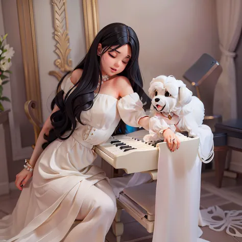 wears a white dress，Girl with long black hair sitting in a chair，Play the piano with your back to each other，A puppy with white ...