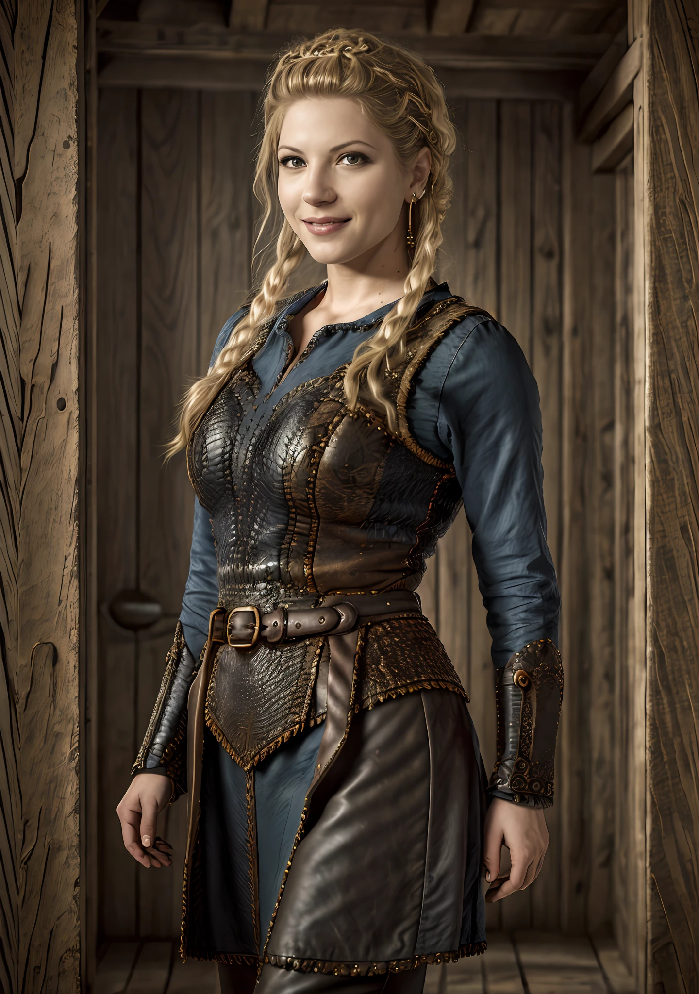 ((qualidade excepcional)), ((obra-prima)), ((true to reality)), guerreira viking, (Katheryn Winnick: 1.0), Vestindo armadura de couro, roupas detalhadas, textura de pele realista, Standing in front of a Viking hut, ((corpo inteiro)), (((Ultra-detailed hands and feet))), sorrindo, tatuagens, Enfeite, brincos, detalhes intricados, super realista, hiper detalhada, textura da pele, sardas, pele brilhante, foco nítido, volumeric lighting, bons destaques, bom sombreamento, espalhamento subsuperficial, intrincado, altamente detalhado, based on the Vikings series, ((cinemactic)), Dramatic, (mais alta qualidade, Concedido, obra-prima:1.5), (fotorrealista:1.5), fotografia, Realistic photo, Nikon, Luz Natural, 4k, highes definition, RAW