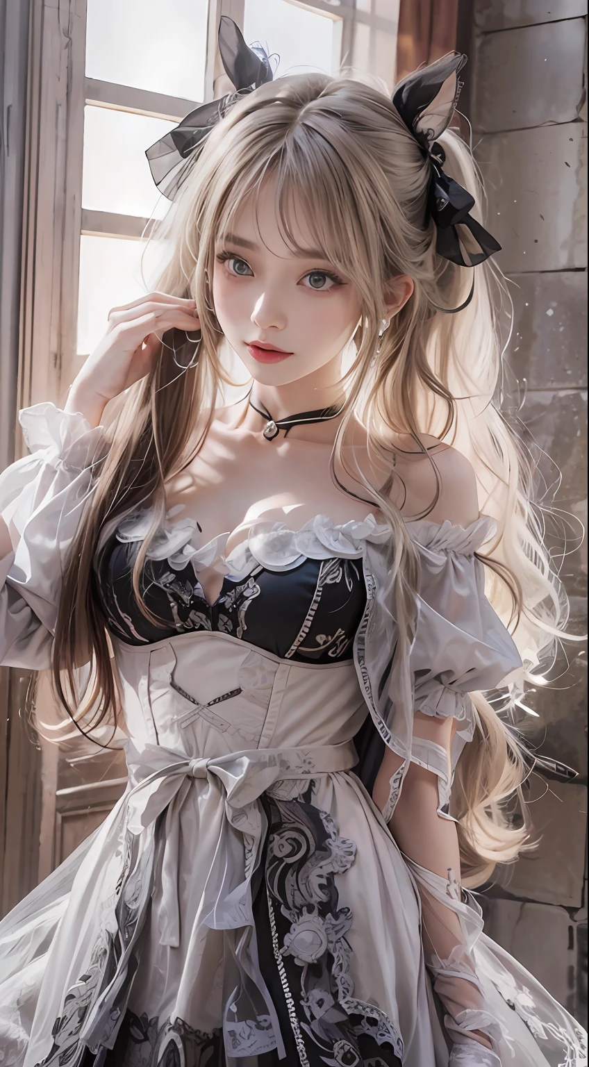 （8K， RAW photos， best qualtiy， tmasterpiece：1.2），（realisticlying， photograph realistic：1.4)
Lolita costume，Lace， Aerith Gainsborough， The upper part of the body， undergarments，exposed bare shoulders， do lado de fora， Old castle， high high quality， Adobe Lightroom， highdetailskin， looking at viewert，