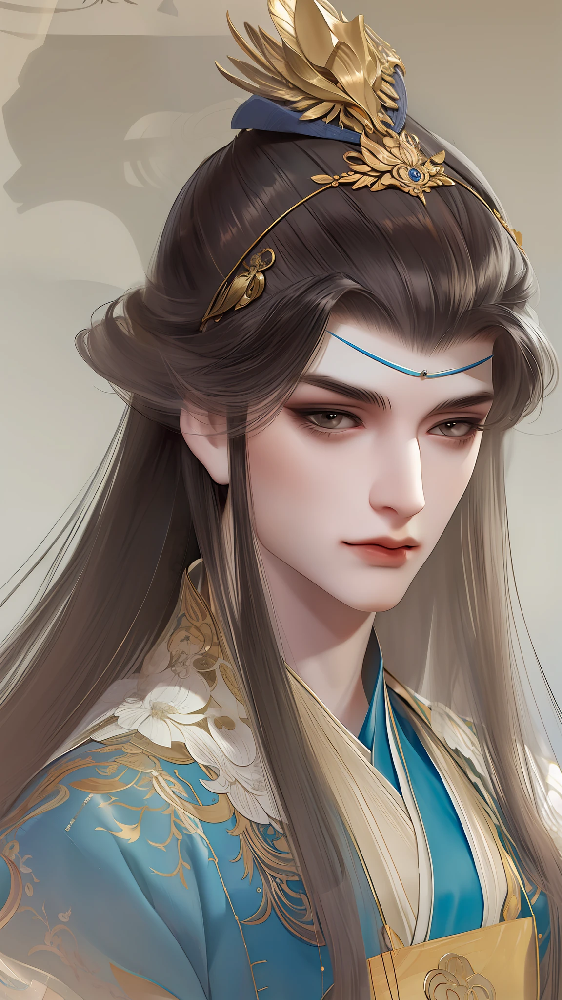 best qualtiy，tmasterpiece，highly detailed wallpaper，1 man，malefocus，brunette color hair，long whitr hair，Kingly temperament，Detailed face，gorgeous hair accessory，looking at viewert，Gorgeous Chinese costumes，Ultra-high resolution，sketching，ink wash style