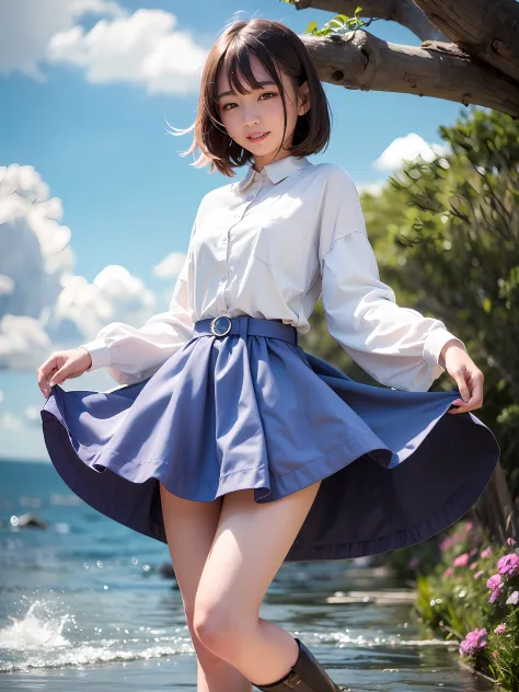 (dynamicposes:1.4), (dynamic ungle:1.4), Romper (细致背景:1.4)、hyper detailed background、(Floating light blue clouds:1.4)、(Floating ...