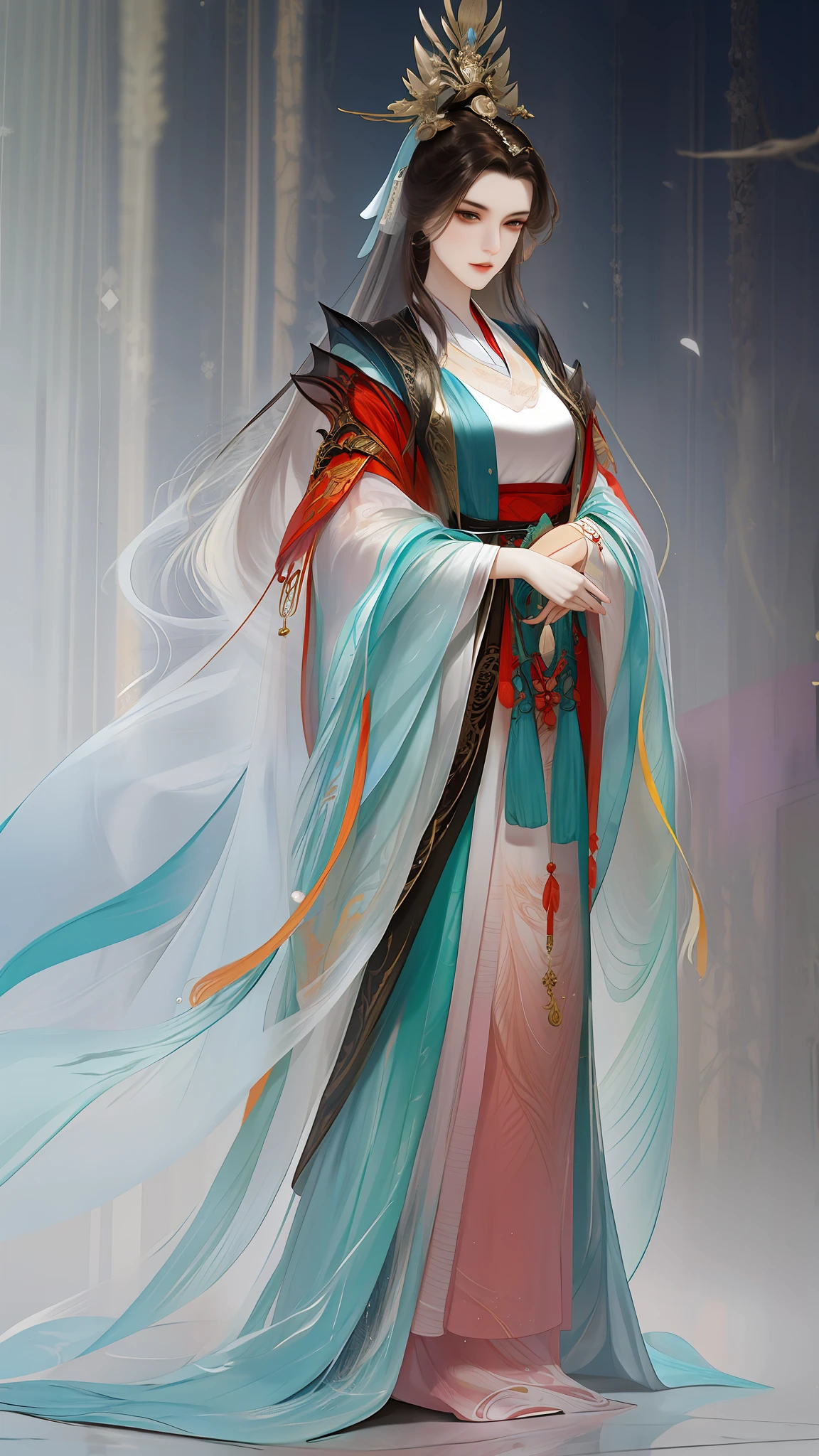 best qualtiy，tmasterpiece，highly detailed wallpaper，1 beautiful woman，Full body standing painting，female focus，brunette color hair，long whitr hair，Detailed face，gorgeous hair accessory，looking at viewert，Hanfu，Ultra-high resolution，sketching，ink wash style