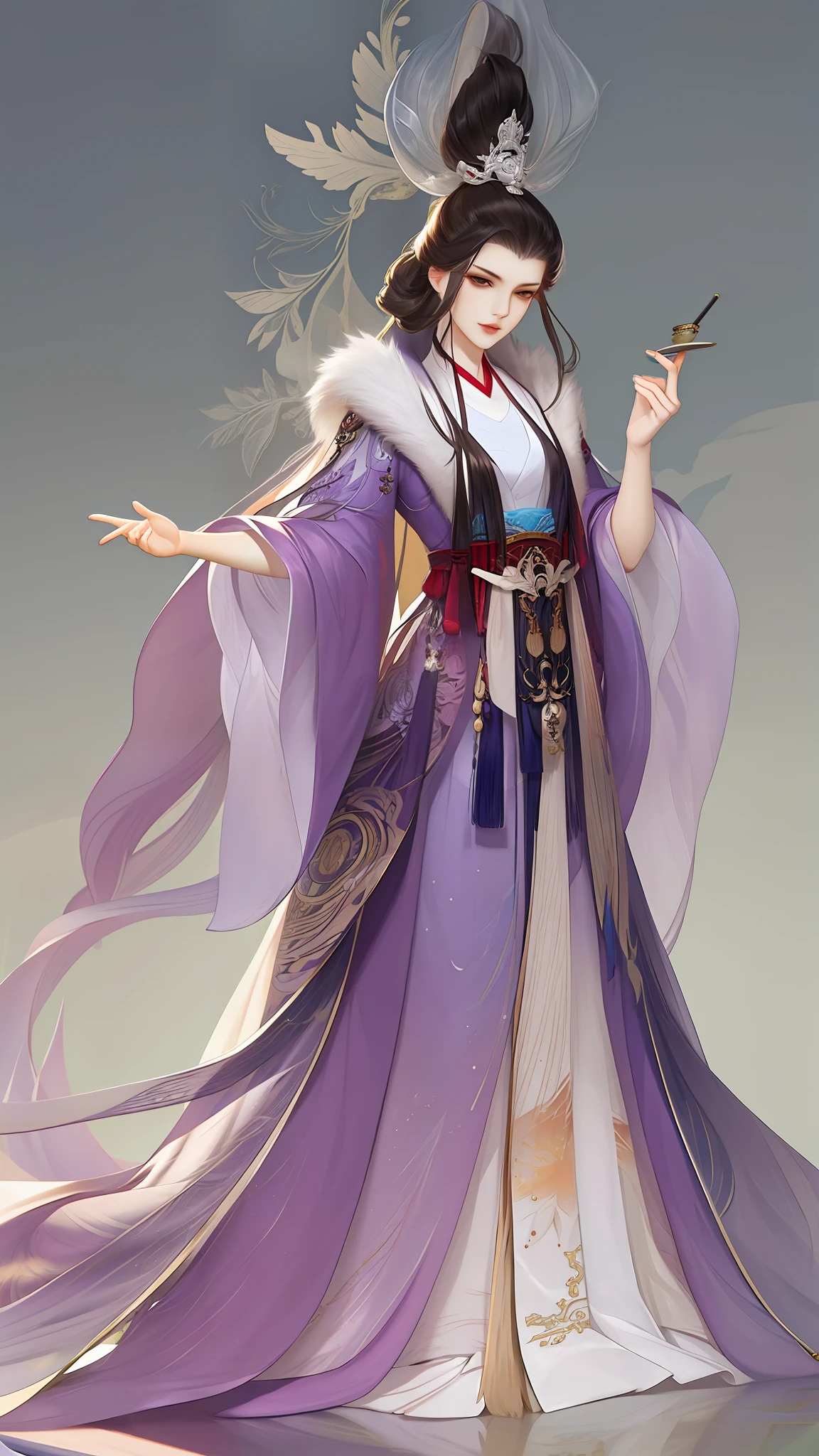 best qualtiy，tmasterpiece，highly detailed wallpaper，1 beautiful woman，Full body standing painting，female focus，brunette color hair，long whitr hair，详细的脸，gorgeous hair accessory，looking at viewert，Hanfu，超高分辨率，sketching，ink wash style