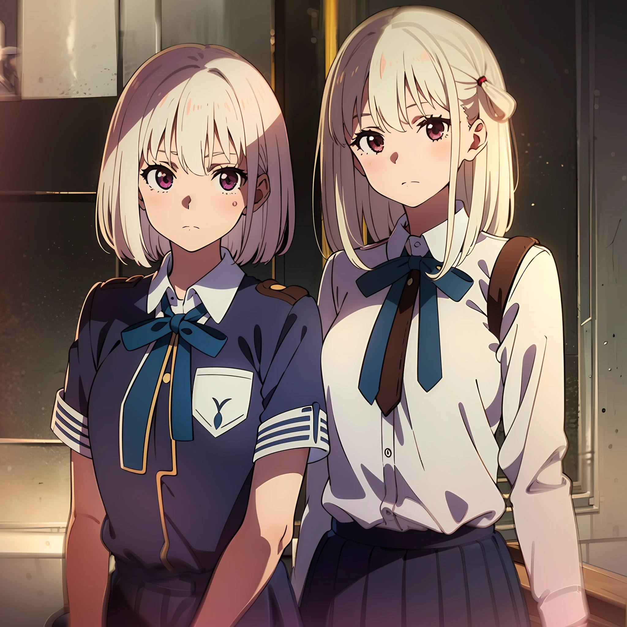 (Masterpiece), (Best quality),
 2girls,school uniform,white hair