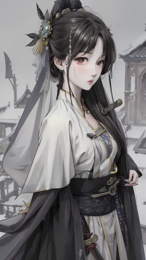 A painting of a woman wearing a veil and a sword, Beautiful character painting, Guviz, Guviz-style artwork, Guweiz in Pixiv ArtStation, Guweiz on ArtStation Pixiv, a beautiful anime portrait, Beautiful anime woman, guweiz masterpiece, style of anime4 K, Pa...