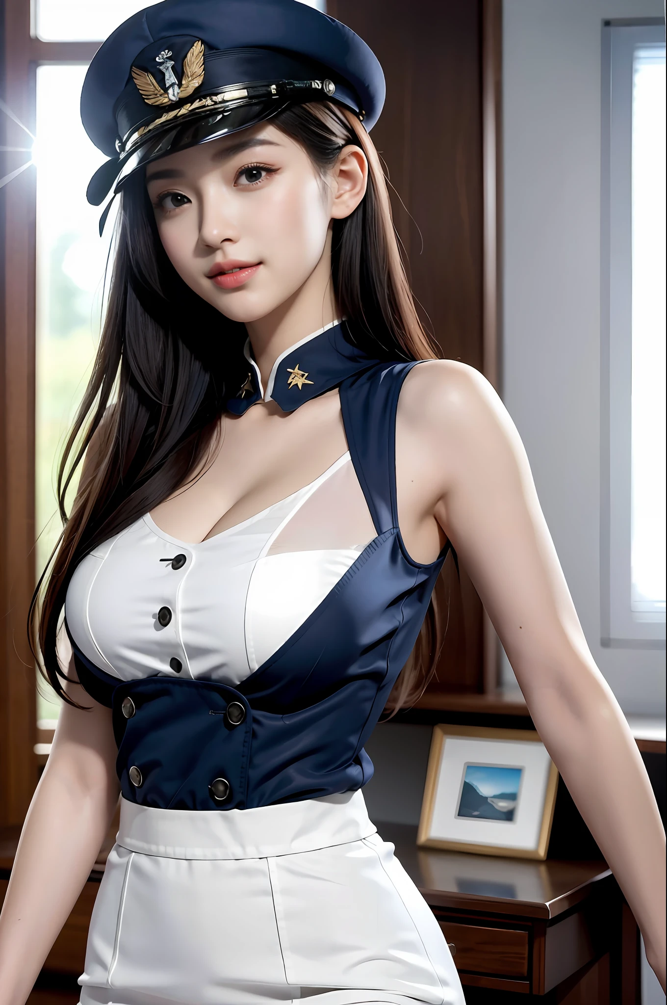 （最好的品質，8K，32k，傑作，超高畫質：1.2），（現實地：1.5），（傑作，極為細緻的CG統一8k壁紙，最好的品質，高解析度：1.2），（超詳細，超高畫質：1.2），非常可愛又漂亮的日本女性照片，Korean 女士，明星，（海軍藍高頂禮帽：1.2），AS-成人，（漂亮的軍裝），（详细的美丽的女孩：1.4），最好的品質，女士，AS-成人，（详细的美国海军航空兵制服：1.5），（白色海軍制服：1.3）， （白色高腰鉛筆裙：1.3），一絲不苟的衣服，（美麗的日落美國空軍基地跑道景觀背景：1.3），不好意思笑：1，淡淡的微笑，看着观众，面對觀眾，（（完美女性身材）），（腰細：1.2），（上半身图片：1.3），苗條的，腹肌，（大胸：1.25），（框架頭部）），風，動態姿勢，電影燈光，後窗的光線是背光的，完美的解剖結構，完美的比例， 詳細的人體， 散景， 景深，