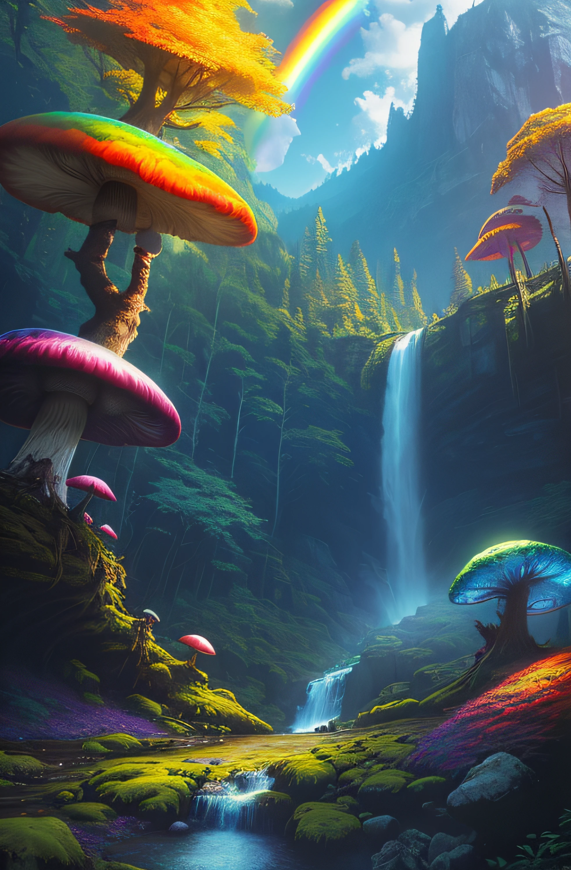 Радужный лес, дерево, природа, гриб, водопад, стоя, на открытом воздухе, гора, Солнечный день,(художник Грег Рутковски:1.3),(яркие цвета:1.3)